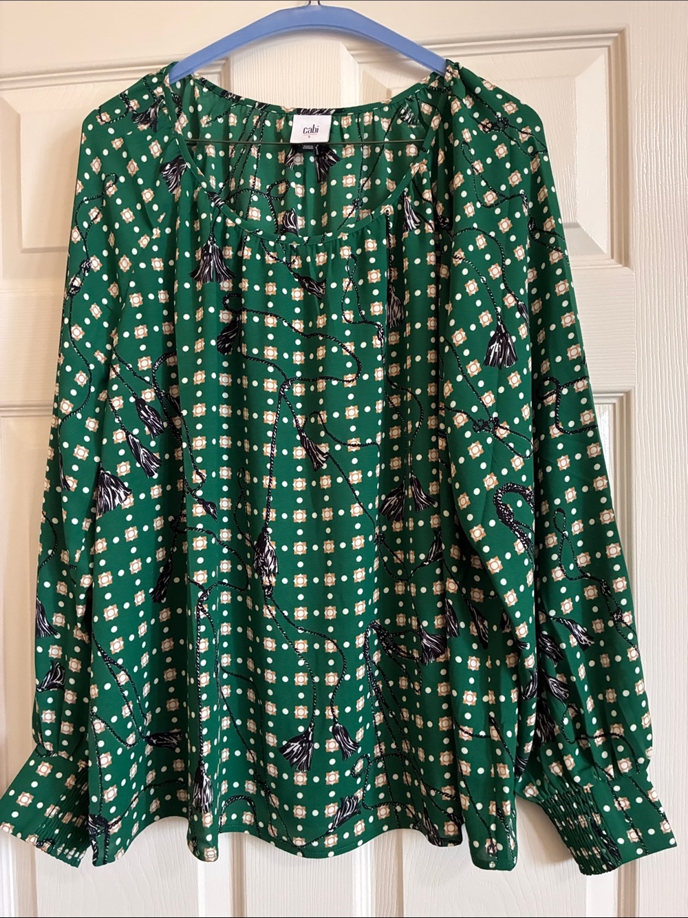 CAbi 4535 Green Floral Tassel-Print Peasant Top